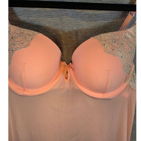 Women Victoria's Secret Size 34B Nightie Pink Peach Lace Rhinestones Push up - Picture 4 of 7